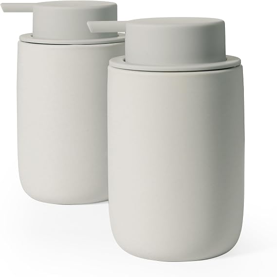 INGOFIN Ceramic Lotion Soap Dispenser Set, 2 Pack (12 oz) Bathroom Hand Soap Dispenser with Pump, Liquid Hand and Dish Soap Dispenser Set, 8 Pcs Clear Stickers,for Kitchen, Bathroom- Grey