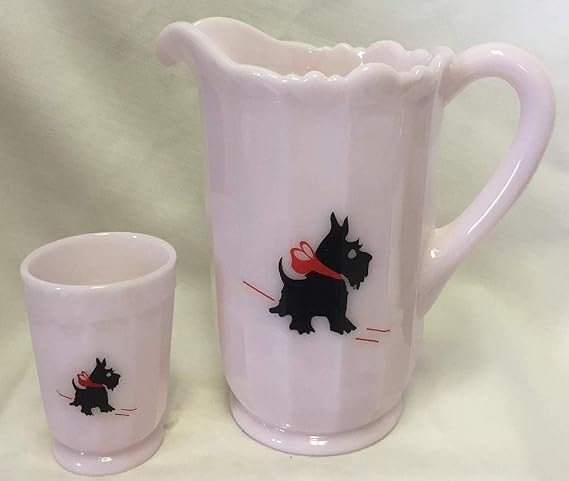 Water Pitcher & Tumbler Set - Panel Pattern - American Made - Mosser Glass USA (Crown Tuscan w/Red Bow Scottie Dog)