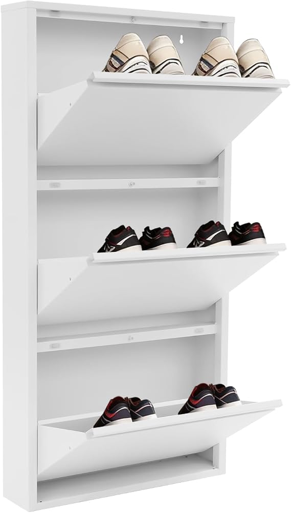 Wall Mounted Shoe Cabinet, 3 Drawer Shoe Storage Cabinet 19.88''x4.8''x40.67'' Wall Mounted Metal Shoe Rack Orgainzer for Entryway, Hallway and Corridor - Holds 9 Pair Shoes (White)