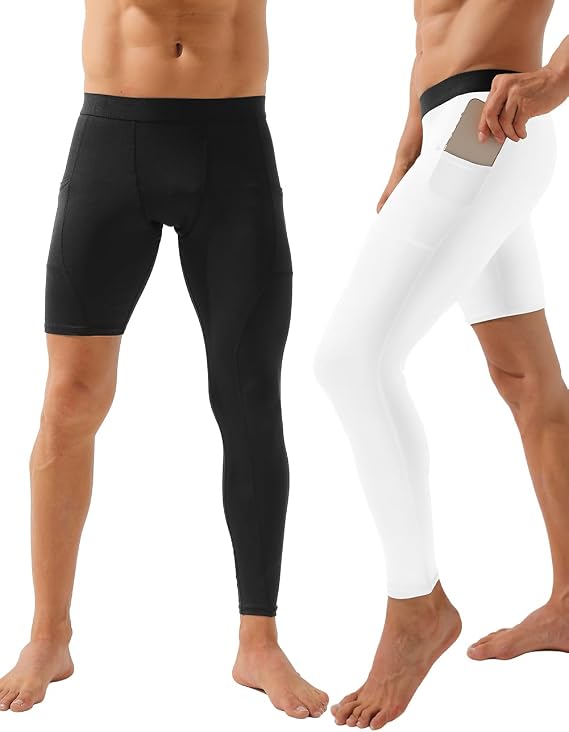 Hotfiary 2 Pack Men's One Leg Compression Pants Basketball Single Leg Tights Long Sports Base Layer Leggings with Pocket