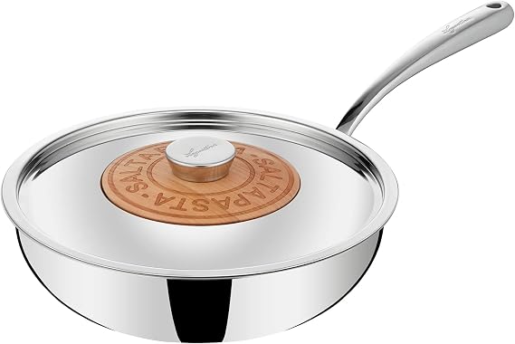 Lagostina Emozione Wok Salter + Lid with Cherry Insert, Suitable for Induction, Stainless Steel 18/10 and Wood, Diameter 26 cm