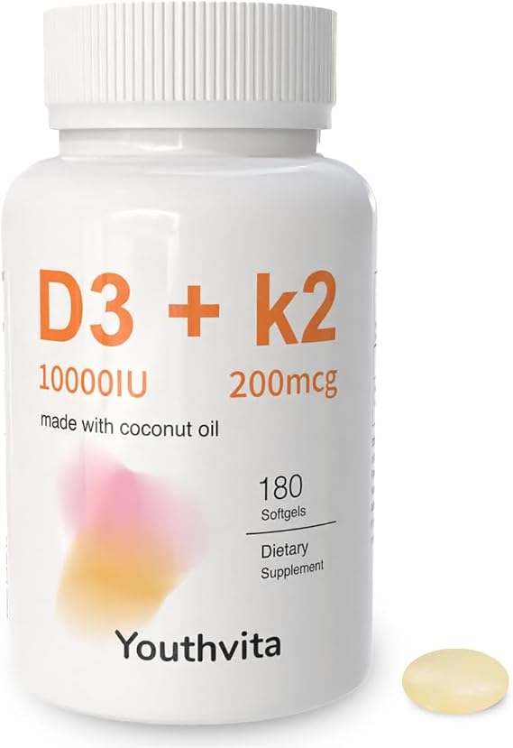 d3 k2 Vitamin 10000 iu, 180 Coconut Oil Softgels | 2 in 1 Vitamins Supplement D3 10000 IU & K2 (MK7) 200 mcg, Easy to Swallow, Supports Calcium Absorption, Bone Immune, Heart Health