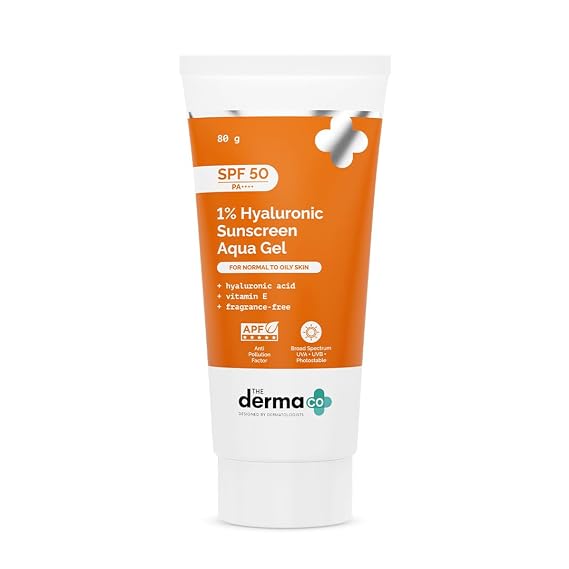 The Derma Co 1% Hyaluronic Sunscreen Aqua Gel SPF 50 PA++++ Hydrating, Lightweight & Non-Greasy No White Cast Broad Spectrum & Blue Light Protection Clinically Tested - (In-Vivo) 80 g