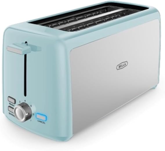 BELLA 4 Slice Toaster, Long Slot & Removable Crumb Tray - 7 Shading Options with Auto Shut Off, Cancel & Reheat Button - Toast Bread & Bagel, Aqua
