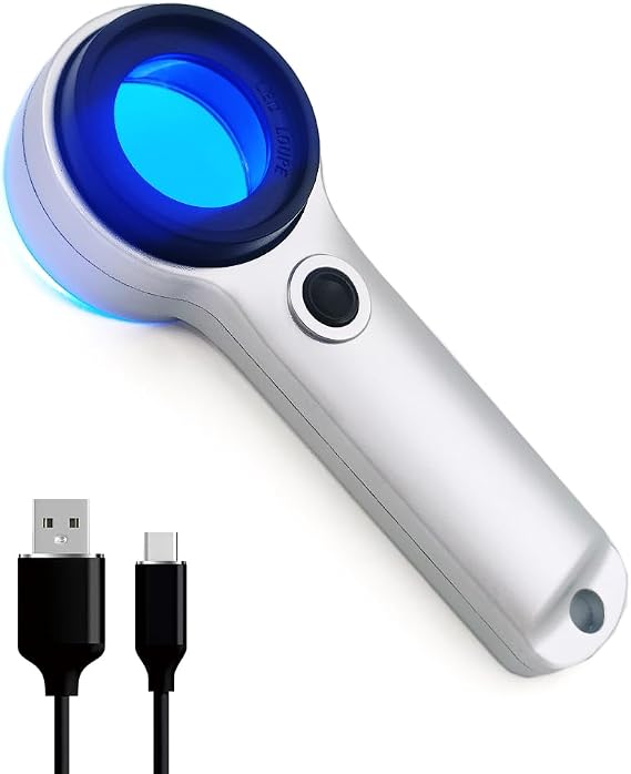Handheld 60X Magnifier Loupe with UV & LED Lights 30mm Optical Coating Lens USB Rechargeable Jewelry Loupe Magnifying Glass for Jewellery, Rocks, Coins, Stamps, Antique, Watch Repairs