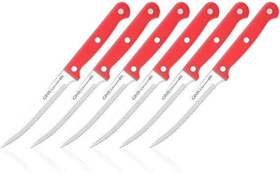 GINSU Kiso 6-Piece Red Steak Knife Set - Dishwasher Safe and Always Sharp