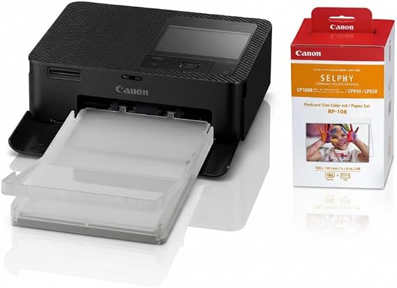 Canon Selphy CP1500 Photo Printer Plus Rp 108 Bundle (Black, 2 Items) | Dye-Sublimation 300x300 Dpi, Prints 4x6 Photos, WI-FI and Airprint, Includes Rp-108 Ink and Paper Set