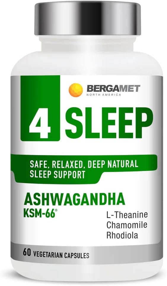 BergaMet 4 Sleep Support Formula with Ashwagandha KSM-66, Rhodiola, Chamomile Extract & L-Theanine Natural Aid for Restful Nights and Stress Relief with no Melatonin 60 Capsules
