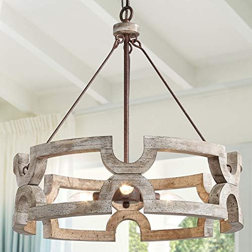 KSANA Farmhouse Chandelier, Wood Drum Chandeliers for Dining Rooms, Living Room, Hand-Painted White Finish, W19.5 X H21