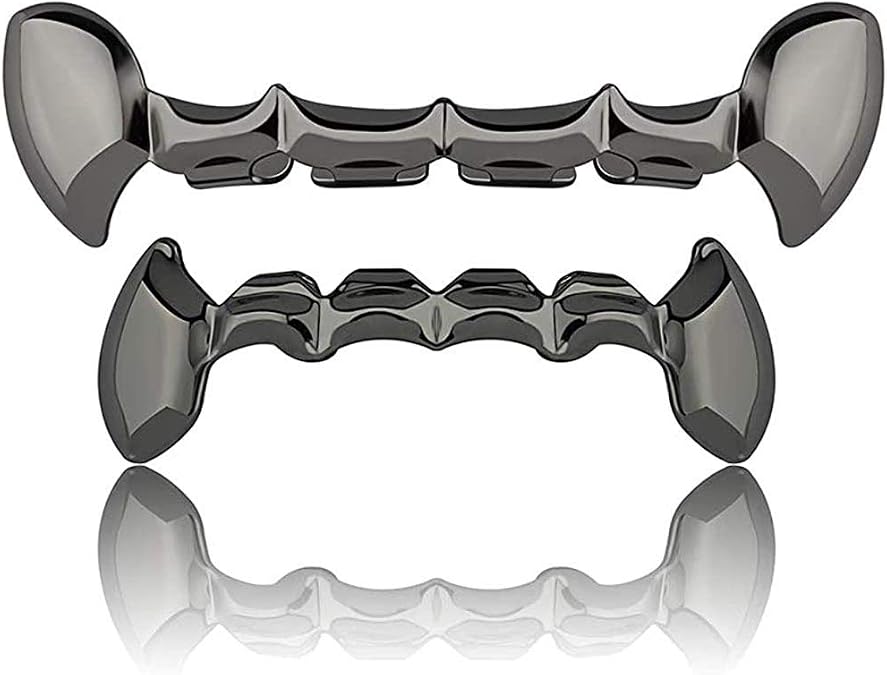 18K Gold Plated Dracula Vampire Fangs Slug Top and Bottom Grills for Your Teeth Grillz Set for Men and Women Hip Hop