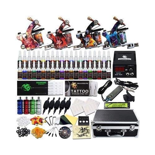 Beginner Complete Tattoo Kit 4 Machine Gun 40 color Ink Set Grips Tubes Power Supply