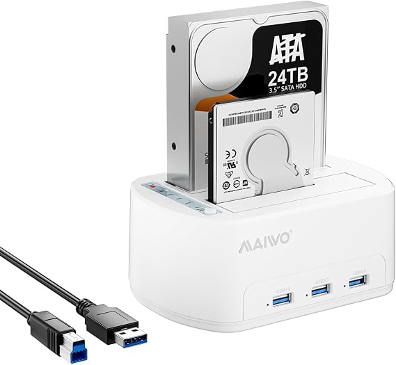 MAIWO Dual Bay Hard Drive Docking Station with Offline Clone for 2.5 3.5 Inch SATA HDD SSD, 3X USB 3.0 Hub Extension, 48TB Capacity, External Hard Drive Duplicator Cloner, White