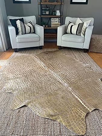 Cowhide Area Rug - Gold Metallic Crocodile Embossed Cowhide Approx. 7X6 feet or 213X183cm