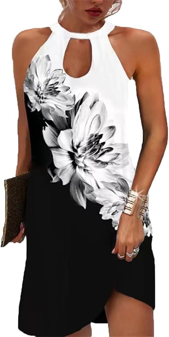 Women Summer Sleeveless Halter Neck Dresses 2026 Casual Floral Print Dress Sun Dresses for Party Beach Vacation