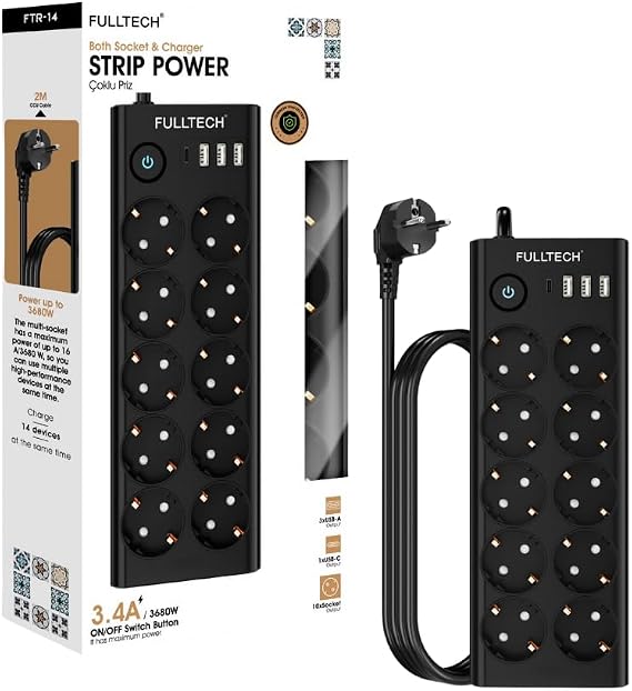 Termal Akım Korumalı, 10'lu Priz Soketi, Isıya Dayanıklı Yapı, 10x Priz, 3x Usb, 1x Type-C Girişi, Çocuk Korumalı Çoğaltıcı, 2 Metre Uzatma Kablosu (16A/3680W)