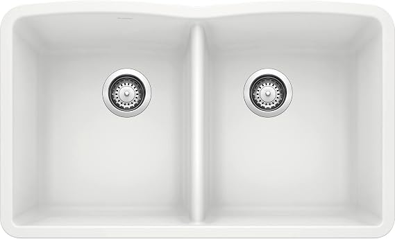 BLANCO 440185 Diamond Silgranit 50/50 Double Bowl Undermount Kitchen Sink, 32", White