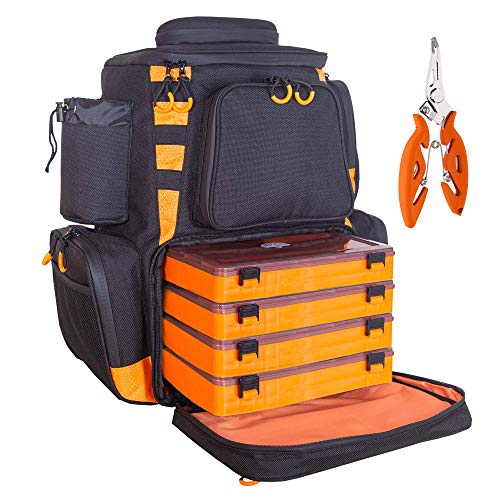 Fishing Backpack Waterproof Tackle Bag with Protective Rain Cover Includes 4 Tackle Boxes Stainless Steel Fishing Pliers and Lanyard - Black Orange