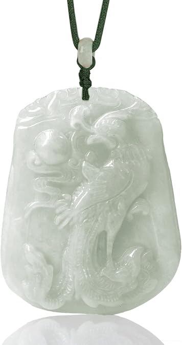 Dahlia Dragon Phoenix Jade Necklace, Real Grade A Certified Burma Jadeite, Adjustable Cord
