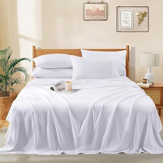 Silentnight Queen Size Sheet Set 4Pcs - 100% Egyptian Cotton Luxury Sheets, Soft, Sateen Sheets, 18 Deep Pocket of Fitted Sheet - White Solid