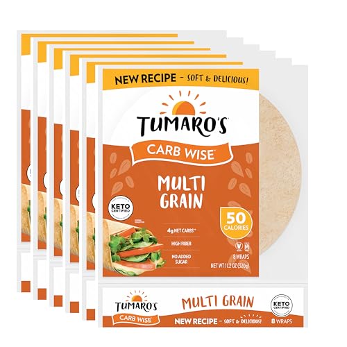 Tumaros Multi Grain Carb Wise Wraps - Low Carb - Keto Certified Sandwich & Burrito Tortillas - Healthy Vegan Alternative - 8 Count Pack of 6