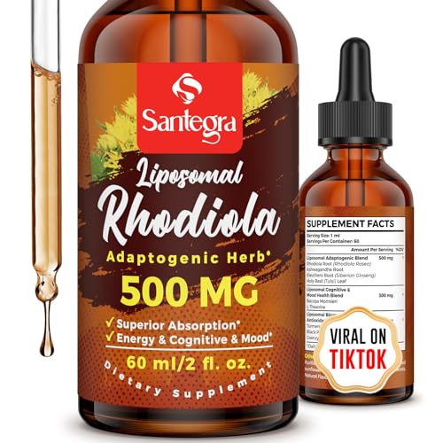 57,000 MG Liposomal Active Rhodiola Rosea Supplement with Ashwagandha, Liquid for High Absorption, Rhodiola Rosea Root Extract Tincture for Energy, Stress, Mood, Vegan, Sugar & Gluten-Free, 60 ml