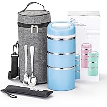 Lille Home Stackable Stainless Steel Thermal Compartment Lunch/Snack Box, 3-Tier Insulated Bento/Food Container with Lunch Bag, Utensils Set and Three Extra Seals, 43OZ