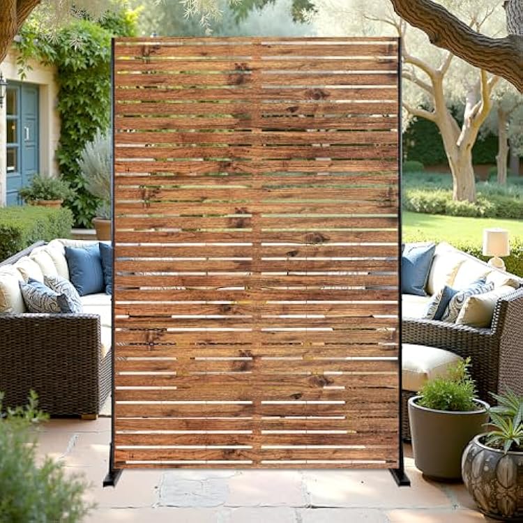Metal Privacy Screen Outdoor 72 H47 W Natural Wood Brown Patio Privacy Screen, Freestanding Decorative Privacy Screen for Deck Balcony Patio