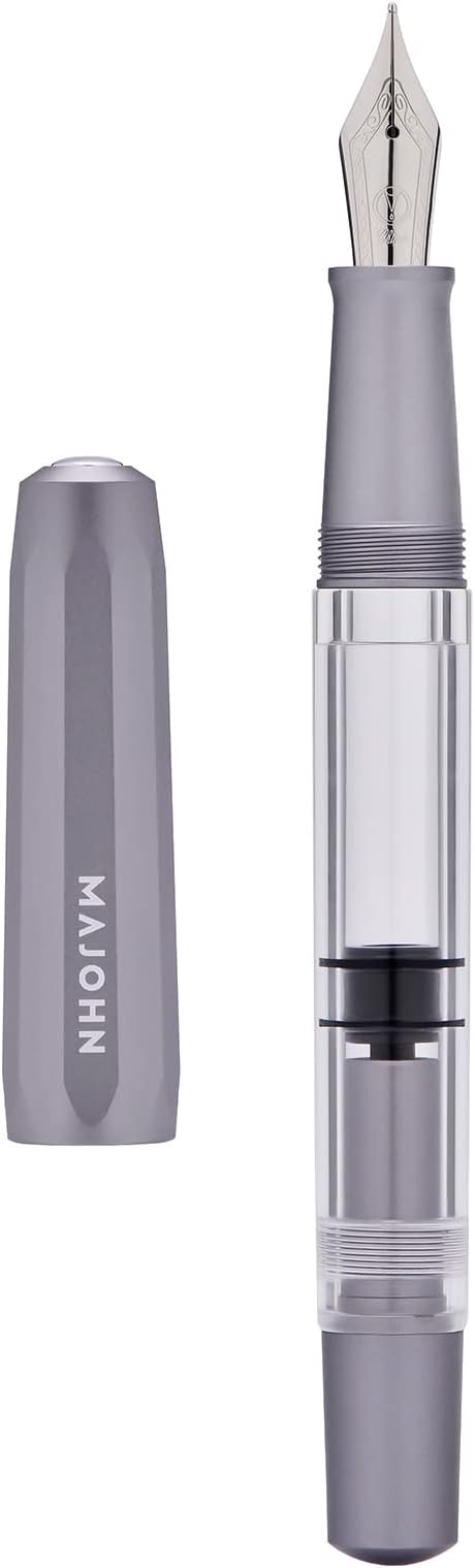 Majohn T1 Piston Fountain Pen Fine Nib, Gray Aluminium Clear Acrylic Large Ink Capacity Writing Pen Box