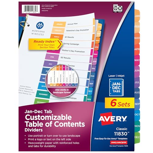 Avery Jan-Dec Dividers for 3 Ring Binders, 12 Tabs per Set, Customizable Table of Contents, Multicolor Tabs, Great for Organizing Reports, Projects, and More 6 Sets of 11830