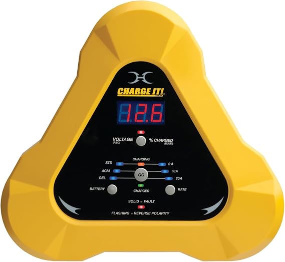 Clore Automotive CHARGE IT! 4520 12 Volt 20 Amp Fully-Automatic Smart Battery Charger, Battery Maintainer, and Desulfator, Yellow