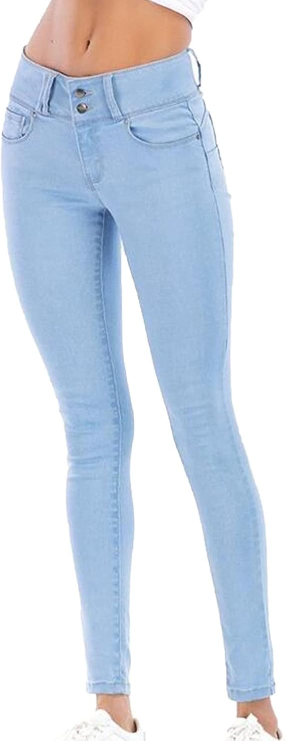 Women's Mid Rise Skinny Pencil Jeans Casual Slim Fit Butt Lift Denim Pants 2 Button Washed Stretch Jean Trousers