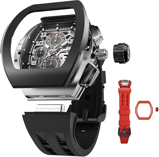 TSAR BOMBA Mens Interchangeable Watches Waterproof 100M Unique Business Work Tonneau Luxury Skeleton Wristwatch Chronograph Calendar Date Large Square Face Replica Replace Strap Band (one Plus one)