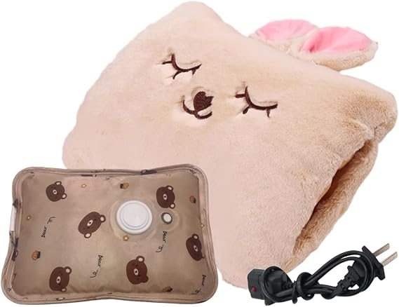 Cute Hot Water Bottle with Soft Cover,Portable Rechargeable Electric Hot Water Bag for Menstrual Cramps,Hot Compress Heating Pad,Plush Bunny Hand Warmer(Spring Impressive Gift)