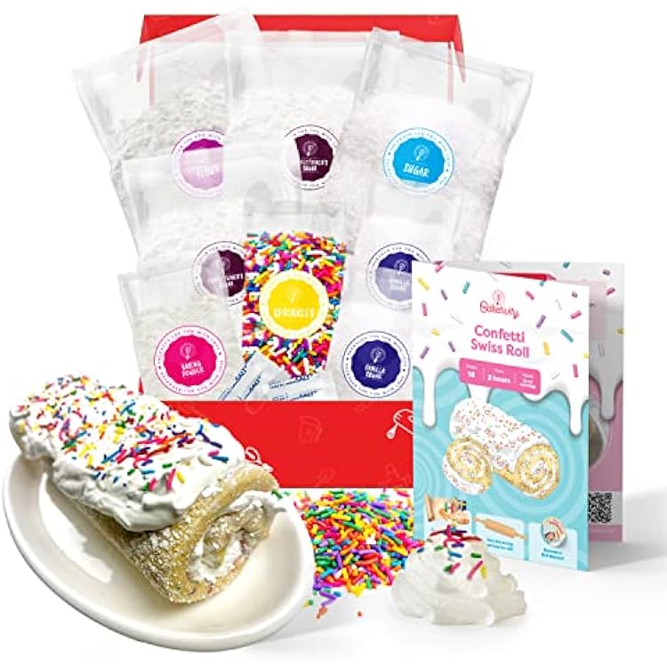 Confetti Swiss Roll Baking Kit For Kids 6-12, Real Jelly Roll Cake Making Set With Pre-Measured Ingredients, Cake Decorating For Girls And Boys With Cream And Rainbow Sprinkles, Kids Baking Gift Set