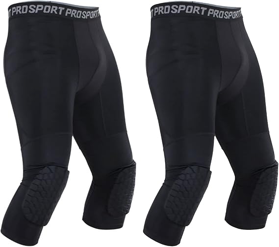 2 Pack Men's Basketball Pants with Knee Pads 3/4 Capri Padded Compression Tights Leggings Sports Athletic Baselayer