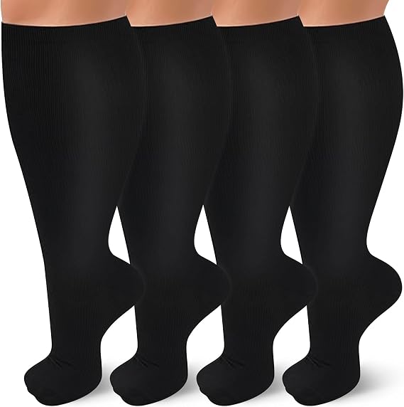 4 Pairs Plus Size Compression Socks for Women and Men 20-30 mmHg Wide Calf Extra Large for Circulation Support