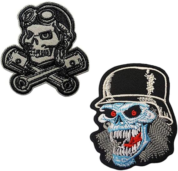Cute-Patch Skull with Helmet Pilot Pistons Embroidered Iron On Sew On Patch Biker Vest