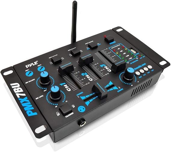 Pyle Wireless DJ Audio Mixer - 3 Channel Bluetooth Compatible DJ Controller Sound Mixer, Mic-Talkover, USB Reader, Dual RCA PhonoLine In, Microphone Input, Headphone Jack, Black - PMX7BU