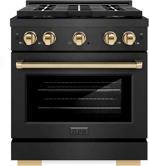 ZLINE Autograph Edition 30 in. 4.2 cu. ft. Paramount Dual Fuel Range with 4 Burner DuoProTM Cooktop and Electric Convection Oven in Black Satin Stainless Steel and Polished Gold Accents (PSDRBSZ-30-G)