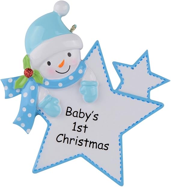 MAXORA Baby's First Christmas Ornament 2026 | Personalized Blue Baby Star with Hat Brim Name, Winter Snowman Tree Decor Newborn Son Grandson Gift