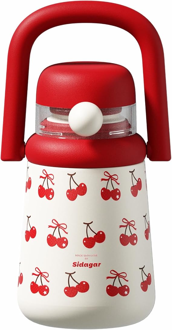 27 oz Insulated Tumbler with Flip Straw, Water Bottle with Handle and Lid, Kids Stainless Steel Vacuum Travel Mug, Leak-Proof, Cute Cups for Women School Birthday Gift, Cherry