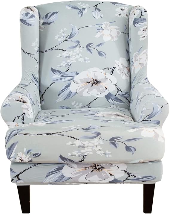 Wing Chair Slipcovers, 2 Piece Print Wingback Chair Cover Stretch Spandex Armchair Covers with Elastic Bottom for Living Room Bedroom (Light Blue)