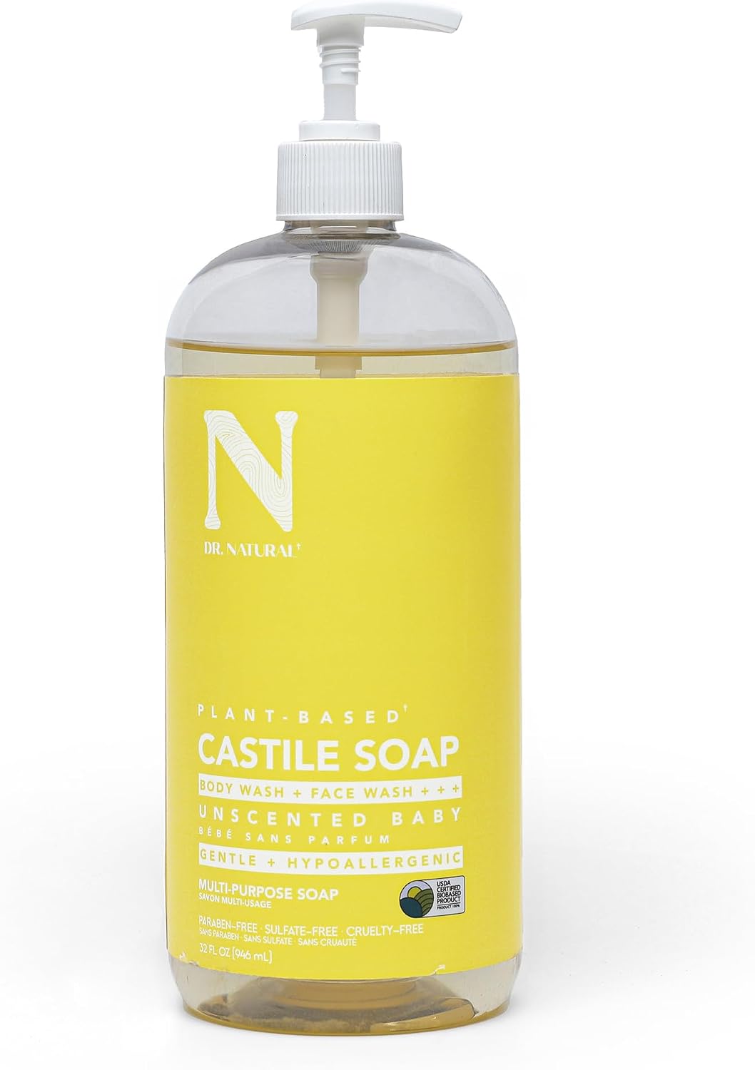 Dr. Natural Castile Liquid Unscented Baby Soap, Mild, 32 Ounce, Vegan, Organic Shea Butter, Rich in Essential Oils, Sulfate and Paraben Free, Cruelty Free, Multi-Purpose Soap