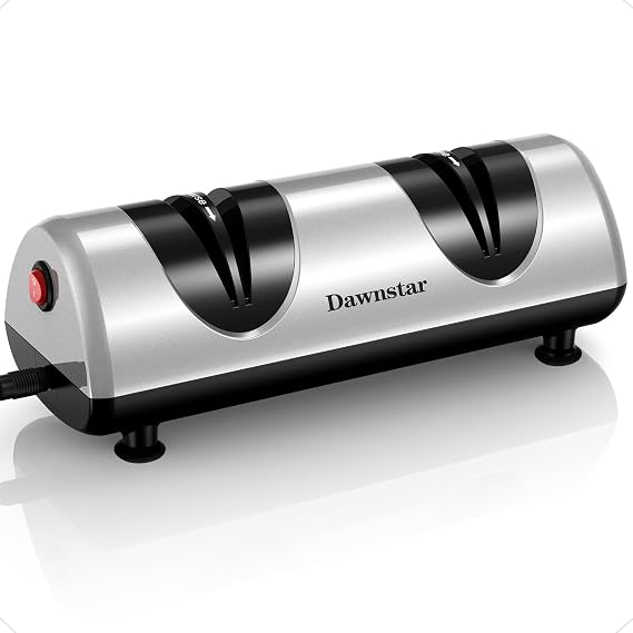 Electric Knife Sharpener, Professional Kitchen Knife Sharpener for Home Use, 2 Stages of Coarse Sharpening & Fine Polishing, Metal Dust Collection Box for Easy Cleaning, Silver Gray