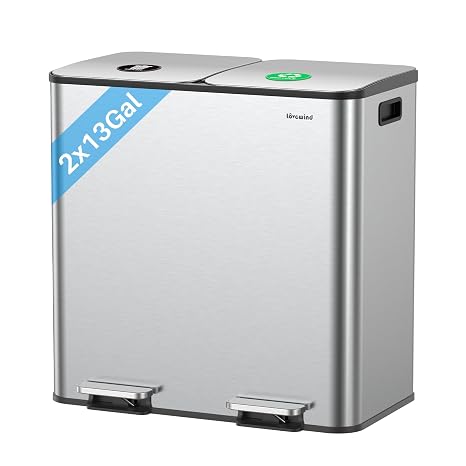 Dual Trash and Recycling Bins for Kitchen, 213 Gallon (2 50L) Stainless Steel Trash and Recycle Bin Combo with Soft-Close Lid, Large Garbage Cans for Kitchen Home with 2 Magnets Sticker, Silver