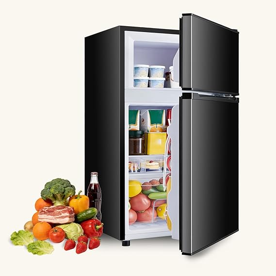 Mini Fridge with Freezer, 3.2 Cu.Ft Mini Refrigerator, Small Beverage Fridges with Adjustable Thermostat, for Bedroom, Office, Dorm, Dual Door, Quiet