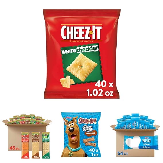Kellogg's Bulk Snack Box, Cheez-It White Cheddar Crackers (40 Bags), Kellogg's Scooby-Doo Graham Crackers (40 Bags), Austin Animal Crackers (40 bags) and Rice Krispies Treats Snack Bars (54 Bags)