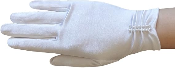 Girl's Satin Gloves with ruched part and pearl beading