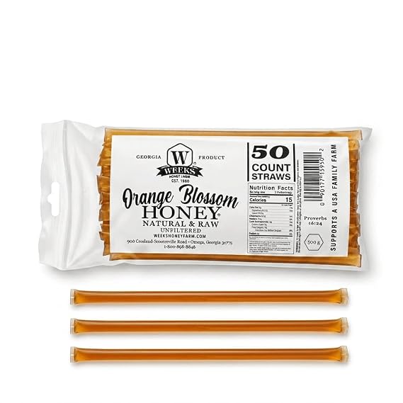 Weeks Pure Raw Orange Blossom Honey Straws, 50 Count Pack All-Natural Citrus Honey Sticks, Kosher Certified, Single-Serve Portable Sweetener for Tea, Snacks & On-the-Go Energy, Made in USA