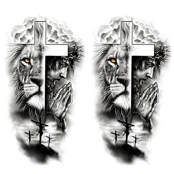 2 Sheets Large Half Arm Sleeve Temporary Tattoos For Men Women Waterproof Fake Forest Lion Jesus Cross Old School Halloween Fake Tattoo Stickers Adults Black Realistic Animals Tattoo